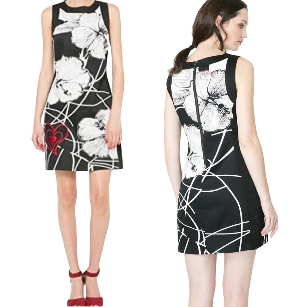 Desigual Graphic Floral Print Mini Dress Cotton Hibiscus Black White Red 8